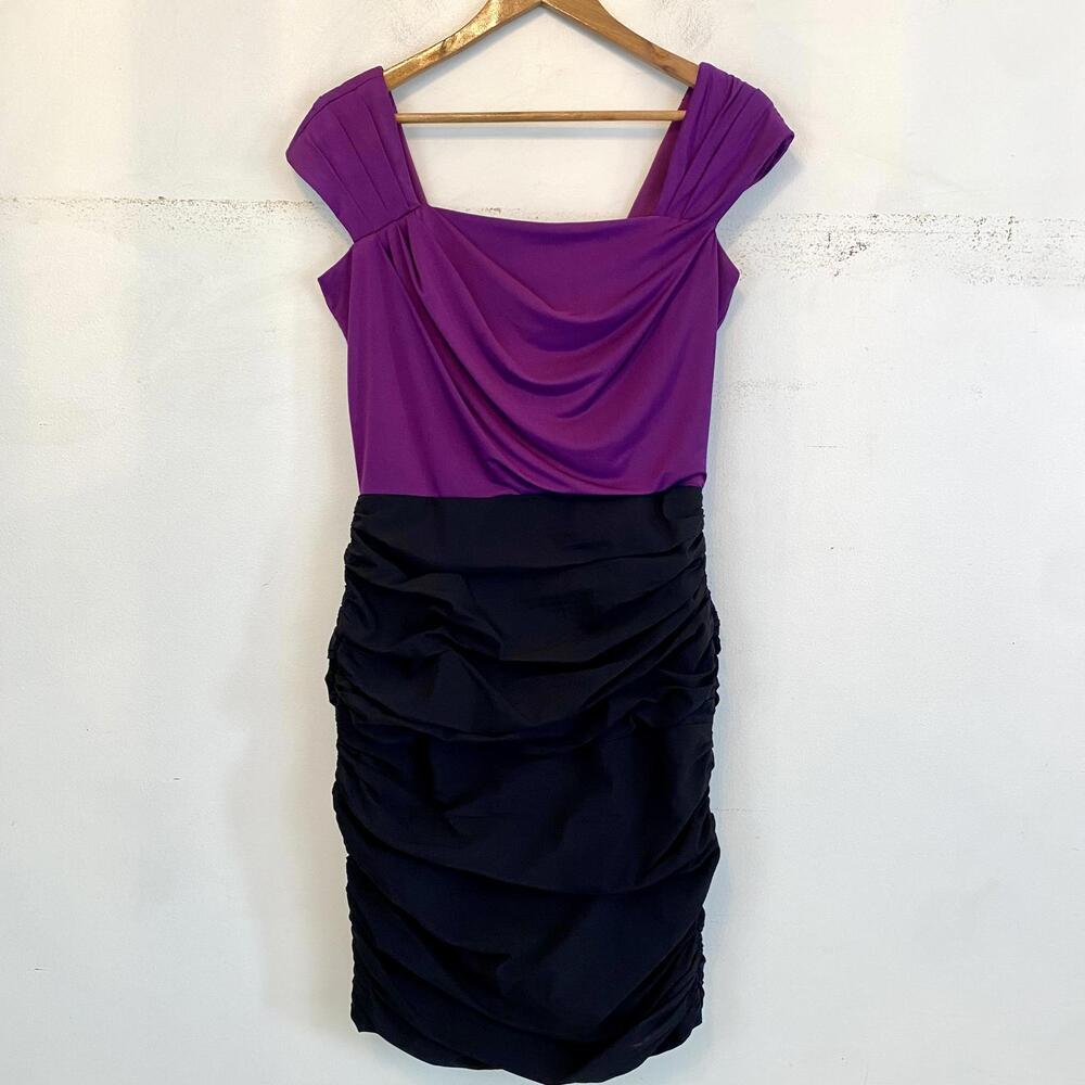 TADASHI SHOJI black purple silk ruched mini dress sz 10